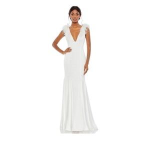 NWT Mac Duggal Feather Shoulder V-Neck Column Gown White 2 #9832